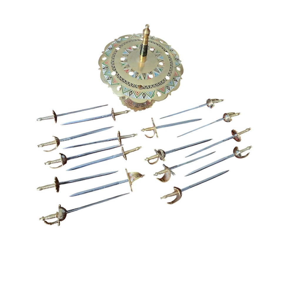 Vintage Toledo Spain Miniature Sword Cocktail Pick Set with Enameled Brass Stand - Picture 5 of 16